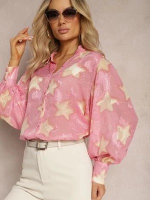 Zdjęcie produktu Różowa Transparentna Koszula w Gwiazdy z Luźnymi Rękawami Aicinema