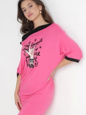 Zdjęcie produktu Różowa Tunika na Jedno Ramię z Wiązaniem i Nadrukiem Ebisa