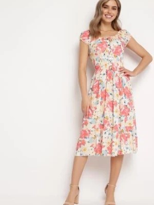 Zdjęcie produktu Różowo-Beżowa Wiskozowa Sukienka Midi z Falbanką i Kwiatowym Wzorem Exordia