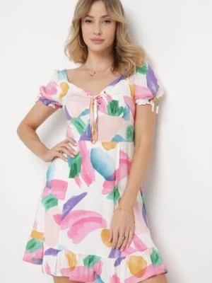 Zdjęcie produktu Biało-Różowa Wiskozowa Sukienka z Krótkim Rękawem i Sznurowanym Dekoltem typu Serce Telldora