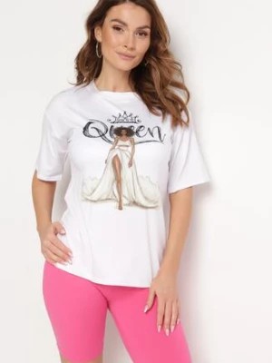 Zdjęcie produktu Różowo-Biały Komplet T-shirt z Nadrukiem i Kolarki z Wysokim Stanem Jannesca