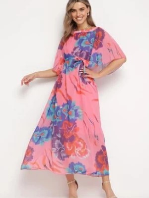 Zdjęcie produktu Różowo-Niebieska Rozkloszowana Sukienka z Wiązaniem w Talii i Szerokimi Rękawami Nellanora