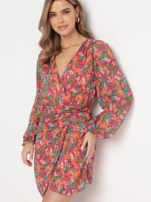 Zdjęcie produktu Różowo-Pomarańczowa Kopertowa Sukienka Mini w Kwiatki Oheldia