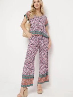 Zdjęcie produktu Różowo-Zielony Letni Komplet z Wiskozy w Mozaikowy Wzór Bluzka i Szerokie Spodnie Latasha