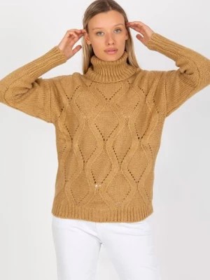Zdjęcie produktu RUE PARIS Camelowy ażurowy sweter z golfem o kroju ovrsize