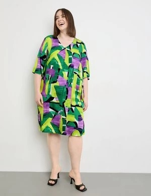 Zdjęcie produktu SAMOON Damski Sukienka koszulowa do kolan z rękawem 3/4 Półrękawek w serek Zielony Wzorzysty