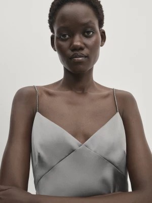Zdjęcie produktu Satynowa Sukienka Na Ramiączkach Ze Zdobieniami − Studio - Srebrny - - Massimo Dutti - Kobieta