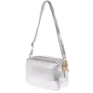 Zdjęcie produktu Skórzana damska torebka listonoszka srebrna dwukomorowa pojemna na pasku szary, srebrny Merg