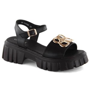 Zdjęcie produktu Skórzane sandały damskie na obcasie i platformie czarne Vinceza 7910