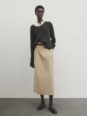 Zdjęcie produktu Spódnica Z Zakładkami Średniej Długości Z Bawełnianej Mieszanki - Wielbłądzi - - Massimo Dutti - Kobieta
