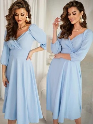 Zdjęcie produktu Sukienka błękitna elegancka Nao midi niebieska bufiaste rękawy polska produkcja PERFE