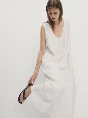 Zdjęcie produktu Sukienka Midi Z Dwuwarstwowym Efektem I Wiązaniem - Biały - - Massimo Dutti - Kobieta