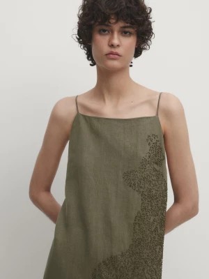 Zdjęcie produktu Sukienka Na Ramiączkach Z Lnianej Mieszanki Z Ozdobnym Haftem - Mech - - Massimo Dutti - Kobieta