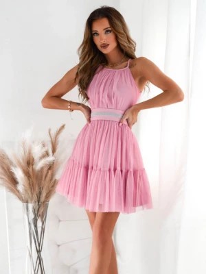 Zdjęcie produktu Sukienka różowa mini tiulowa na ramiączkach z ozdobnym paskiem polska produkcja Charlot PERFE