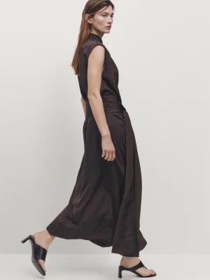 Zdjęcie produktu Sukienka Satynowa O Asymetrycznym Kroju Z Wiązaniem - Czekoladowy - - Massimo Dutti - Kobieta