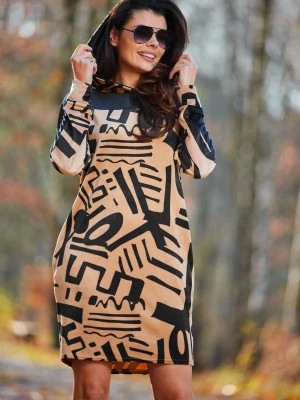 Zdjęcie produktu Sukienka welurowa z kapturem i nowoczesnym printem beżowa awama