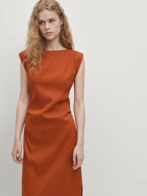 Zdjęcie produktu Sukienka Z Mieszanki Lnu Ze Stretchem Z Zakładkami - Pomarańczowy - - Massimo Dutti - Kobieta