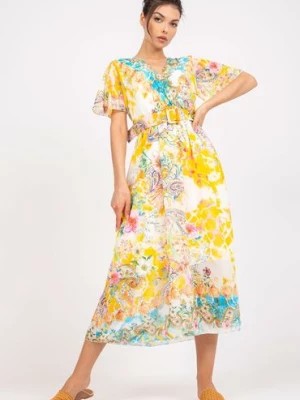 Zdjęcie produktu Sukienka z ozdobnym paskiem - żółta w kwiaty Italy Moda