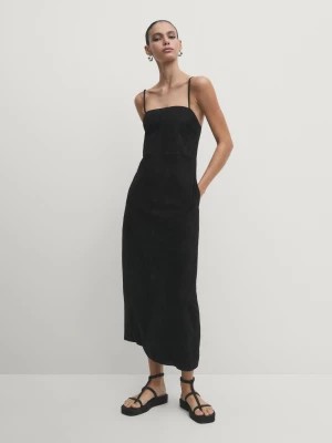 Zdjęcie produktu Sukienka Z Zamszowej Skóry Na Ramiączkach Średniej Długości - Brązowy - - Massimo Dutti - Kobieta