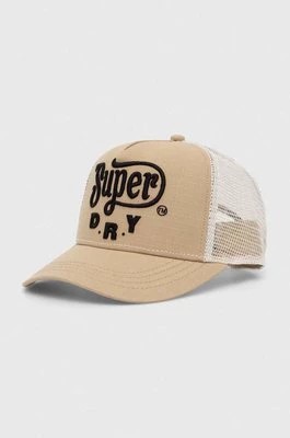 Zdjęcie produktu Superdry czapka z daszkiem bawełniana kolor beżowy z aplikacją
