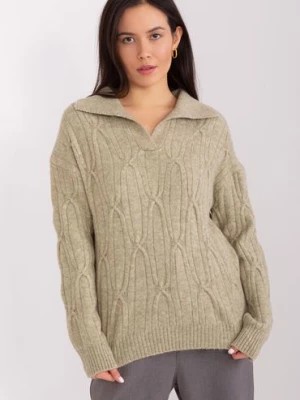 Zdjęcie produktu Sweter z warkoczami i kołnierzem khaki Wool Fashion Italia