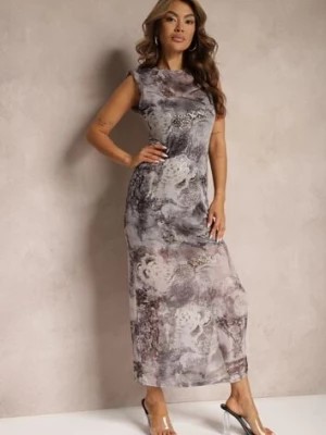 Zdjęcie produktu Szara Sukienka z Wiskozą o Dopasowanym Kroju Ozdobiona Metaliczną Nitką Stanea