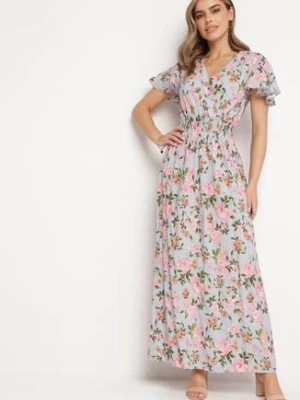 Zdjęcie produktu Szaro-Różowa Wiskozowa Sukienka Maxi o Rozkloszowanym Kroju i Kopertowym Dekolcie w Kwiaty Arvelia