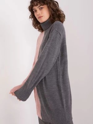 Zdjęcie produktu Szaro-różowy długi damski sweter z golfem BADU