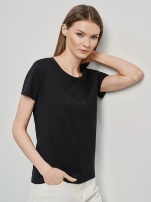 Zdjęcie produktu T-shirt damski czarny z ozdobną wilgą OCHNIK