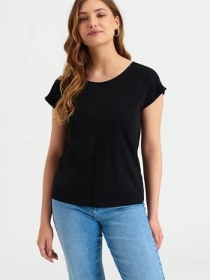Zdjęcie produktu T-shirt damski ze zdobieniami na rękawach czarny Greenpoint