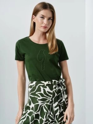 Zdjęcie produktu T-shirt damski zielony z ozdobną wilgą OCHNIK