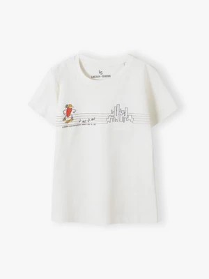 Zdjęcie produktu T-shirt dla chłopca bawełniany z nadrukiem ecru Lincoln & Sharks by 5.10.15.