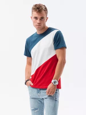 Zdjęcie produktu T-shirt męski bawełniany trzykolorowy - niebiesko/czerwony V6 S1627
 -                                    XL