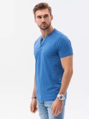 Zdjęcie produktu T-shirt męski bez nadruku z guzikami - niebieski melanż V2 S1390
 -                                    S