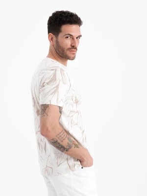 Zdjęcie produktu T-shirt męski fullprint w kontrastowe liście - jasnobeżowy V1 OM-TSFP-0180
 -                                    XL