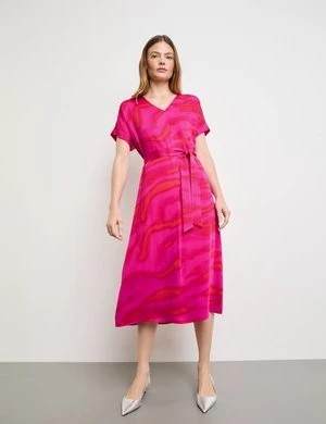 Zdjęcie produktu TAIFUN Damski Sukienka satynowa z wiązanym paskiem krótkie w serek Różowy Wzorzysty