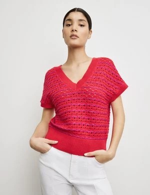 Zdjęcie produktu TAIFUN Damski Sweter z krótkim rękawem ze zwiewnej dzianiny bawełnianej 56cm Obniżone ramiona w serek Czerwony W paski