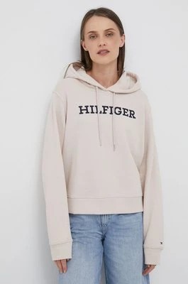 Zdjęcie produktu Tommy Hilfiger bluza bawełniana damska kolor beżowy z kapturem z aplikacją