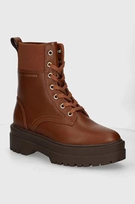 Zdjęcie produktu Tommy Hilfiger botki LEATHER ELASTIC RIB LACEUP damskie kolor brązowy na płaskim obcasie FW0FW08440