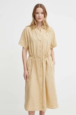Zdjęcie produktu Tommy Hilfiger sukienka lniana kolor beżowy midi rozkloszowana WW0WW41911