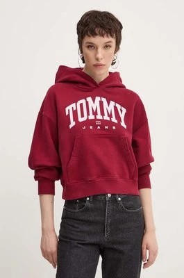 Zdjęcie produktu Tommy Jeans bluza bawełniana damska kolor bordowy z kapturem z nadrukiem DW0DW19291