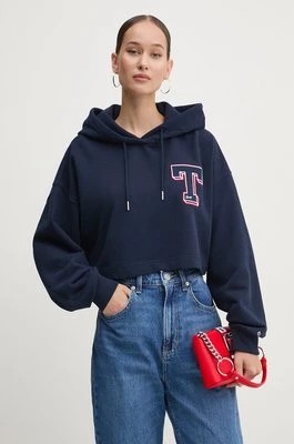 Zdjęcie produktu Tommy Jeans bluza bawełniana damska kolor granatowy z kapturem z aplikacją DW0DW18653