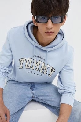 Zdjęcie produktu Tommy Jeans bluza bawełniana męska kolor niebieski z kapturem z aplikacją DM0DM18401