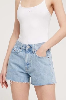 Zdjęcie produktu Tommy Jeans szorty jeansowe damskie kolor niebieski gładkie high waist DW0DW17644