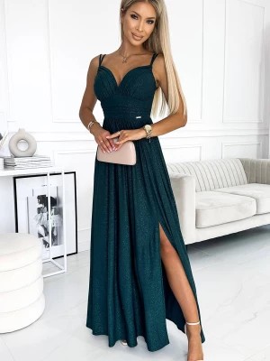 Zdjęcie produktu Violetta Brokatowa długa suknia na ramiączkach z rozcięciem na nogę - ZIELEŃ BUTELKOWA Merg