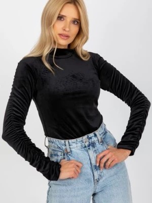 Zdjęcie produktu Welurowa bluzka damska z marszczonymi rękawami - czarna RUE PARIS