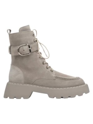 Zdjęcie produktu Women's Grey Ankle Boots with Gold Buckle made of Velour Estro Er00113511 Estro