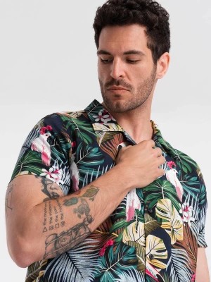 Zdjęcie produktu Wzorzysta męska koszula wiskozowa z krótkim rękawem – dżungla V10 OM-SHPS-0113
 -                                    S
