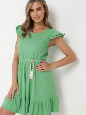 Zdjęcie produktu Zielona Bawełniana Rozkloszowana Sukienka z Gumką w Pasie i Falbankami Ashvi