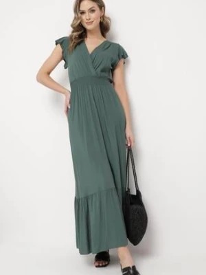 Zdjęcie produktu Zielona Bawełniana Sukienka Maxi z Falbankami i Gumką w Pasie Perinthe
